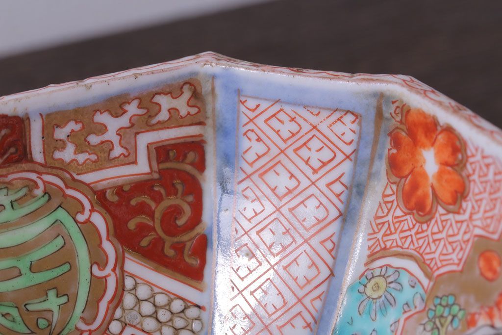 アンティーク雑貨　アンティーク　江戸期　色絵染付八角深鉢2点(伊万里皿)