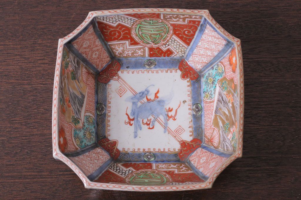 アンティーク雑貨　アンティーク　江戸期　色絵染付八角深鉢2点(伊万里皿)