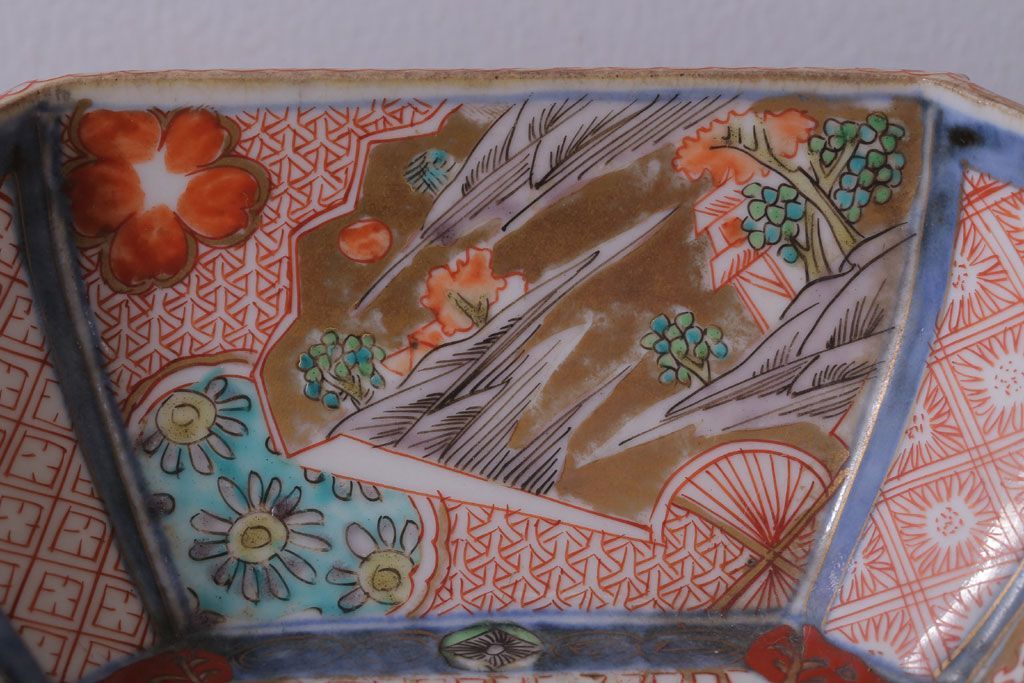 アンティーク雑貨　アンティーク　江戸期　色絵染付八角深鉢2点(伊万里皿)