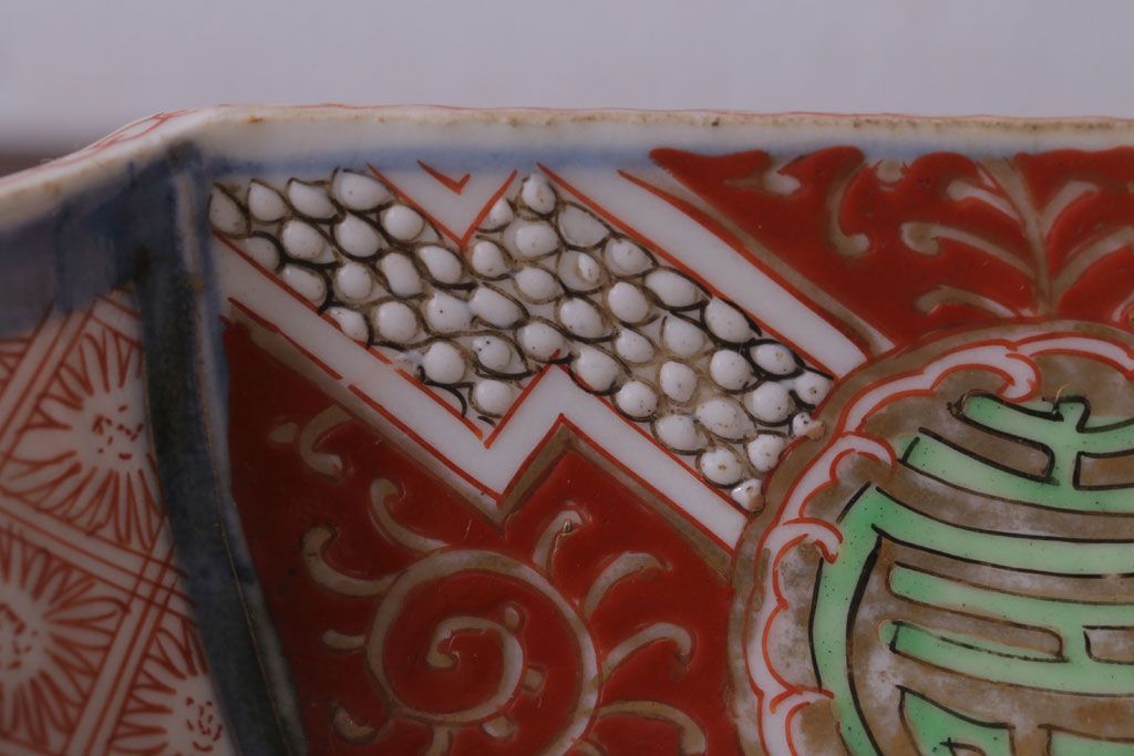 アンティーク雑貨　アンティーク　江戸期　色絵染付八角深鉢2点(伊万里皿)