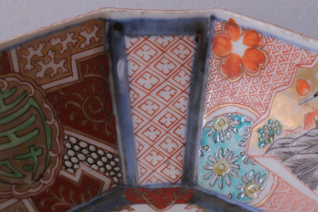 アンティーク雑貨　アンティーク　江戸期　色絵染付八角深鉢2点(伊万里皿)