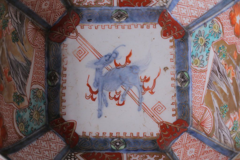 アンティーク雑貨　アンティーク　江戸期　色絵染付八角深鉢2点(伊万里皿)