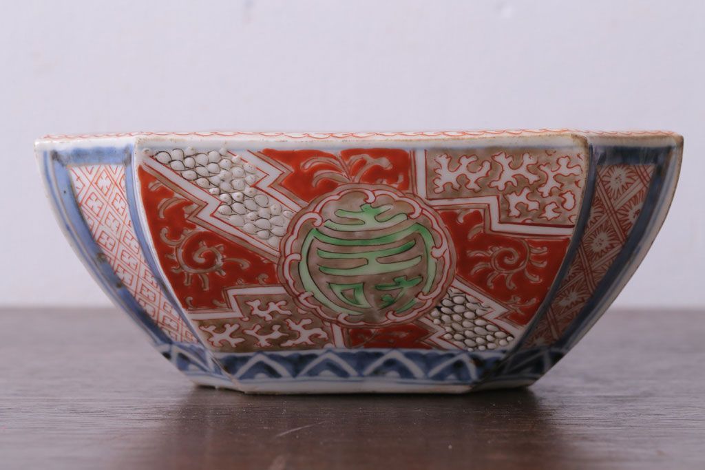 アンティーク雑貨　アンティーク　江戸期　色絵染付八角深鉢2点(伊万里皿)