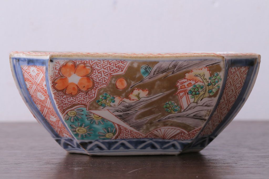 アンティーク雑貨　アンティーク　江戸期　色絵染付八角深鉢2点(伊万里皿)