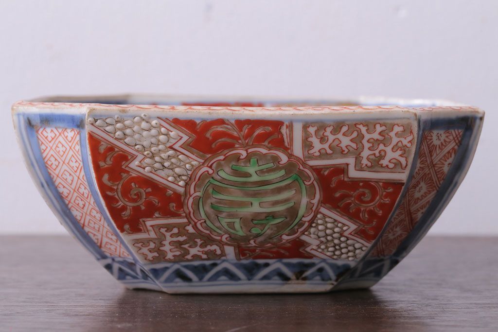 アンティーク雑貨　アンティーク　江戸期　色絵染付八角深鉢2点(伊万里皿)