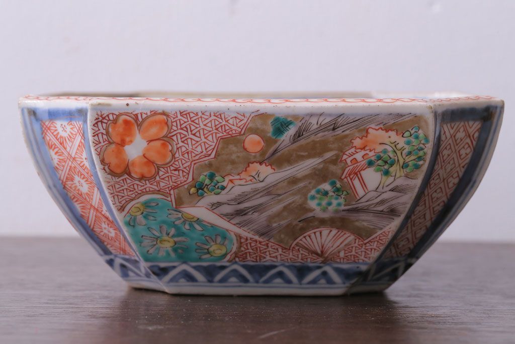 アンティーク雑貨　アンティーク　江戸期　色絵染付八角深鉢2点(伊万里皿)