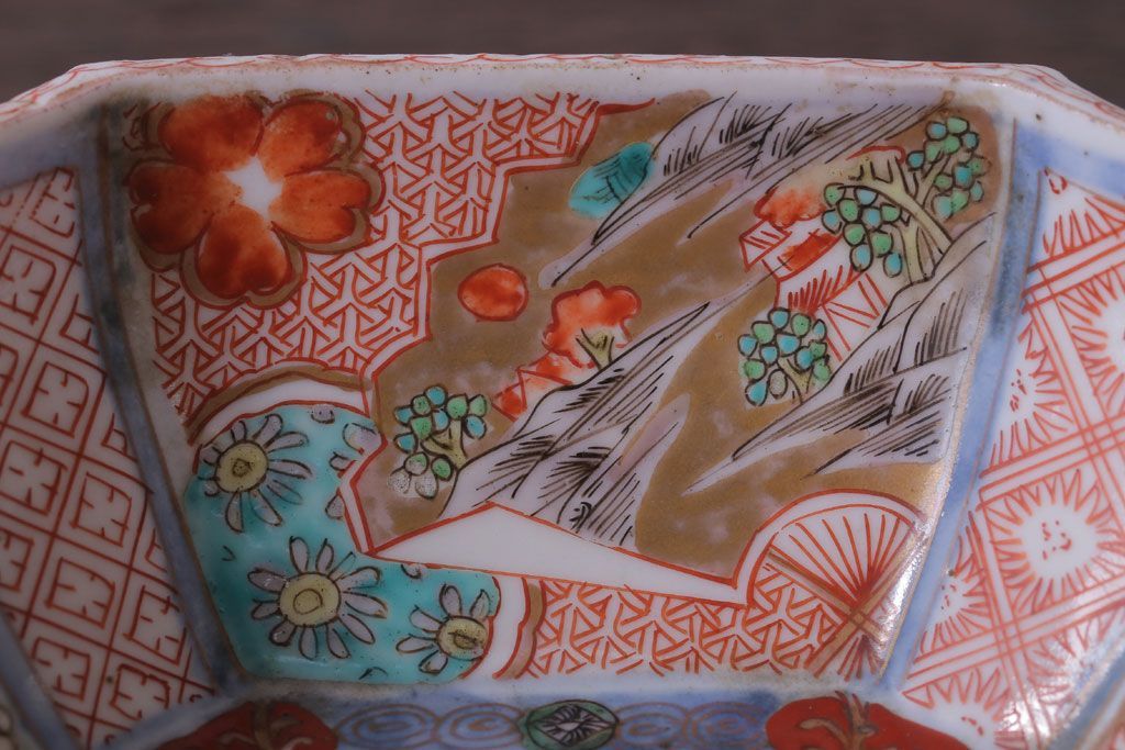 アンティーク雑貨　アンティーク　江戸期　色絵染付八角深鉢2点(伊万里皿)