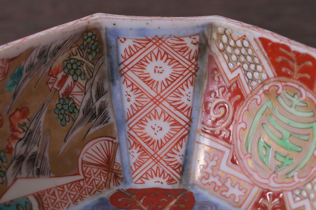 アンティーク雑貨　アンティーク　江戸期　色絵染付八角深鉢2点(伊万里皿)