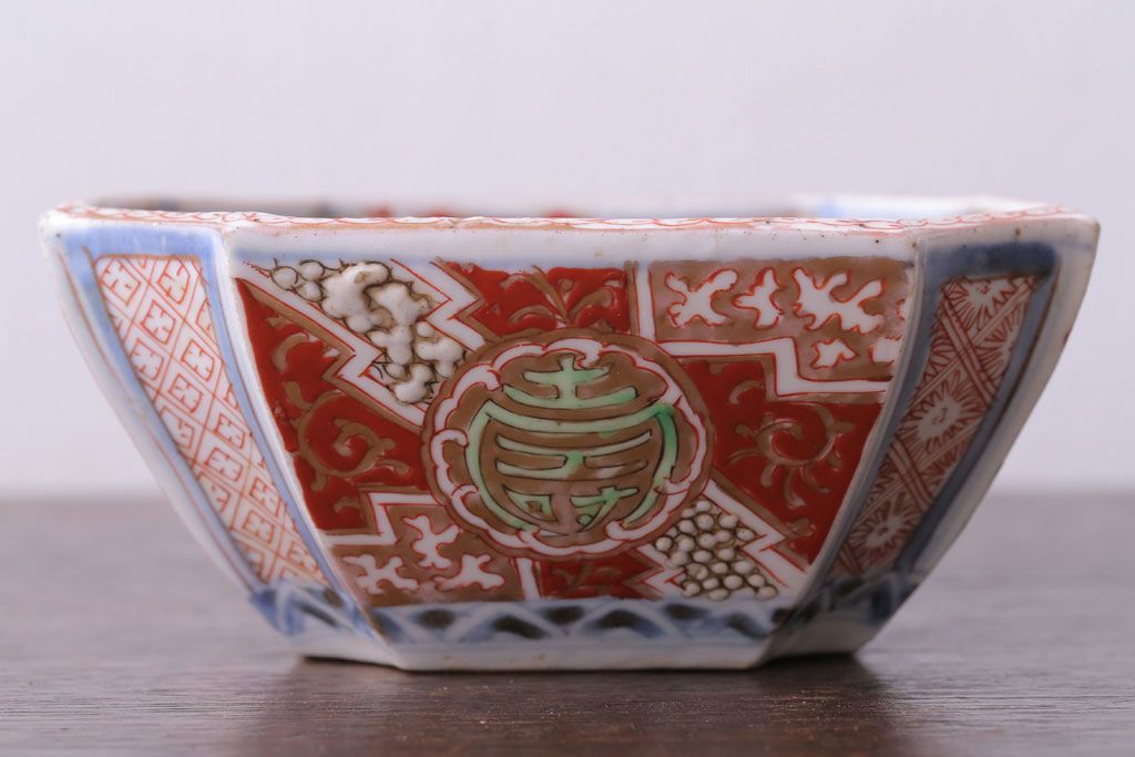 アンティーク雑貨　アンティーク　江戸期　色絵染付八角深鉢2点(伊万里皿)