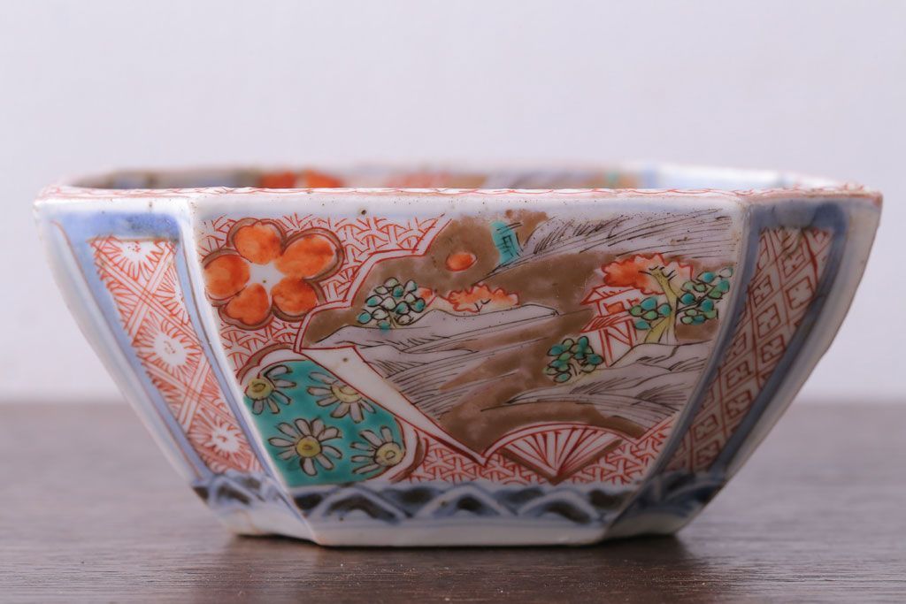 アンティーク雑貨　アンティーク　江戸期　色絵染付八角深鉢2点(伊万里皿)