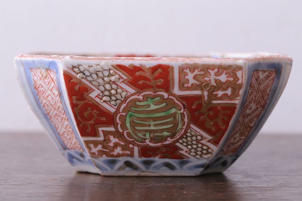 アンティーク雑貨　アンティーク　江戸期　色絵染付八角深鉢2点(伊万里皿)