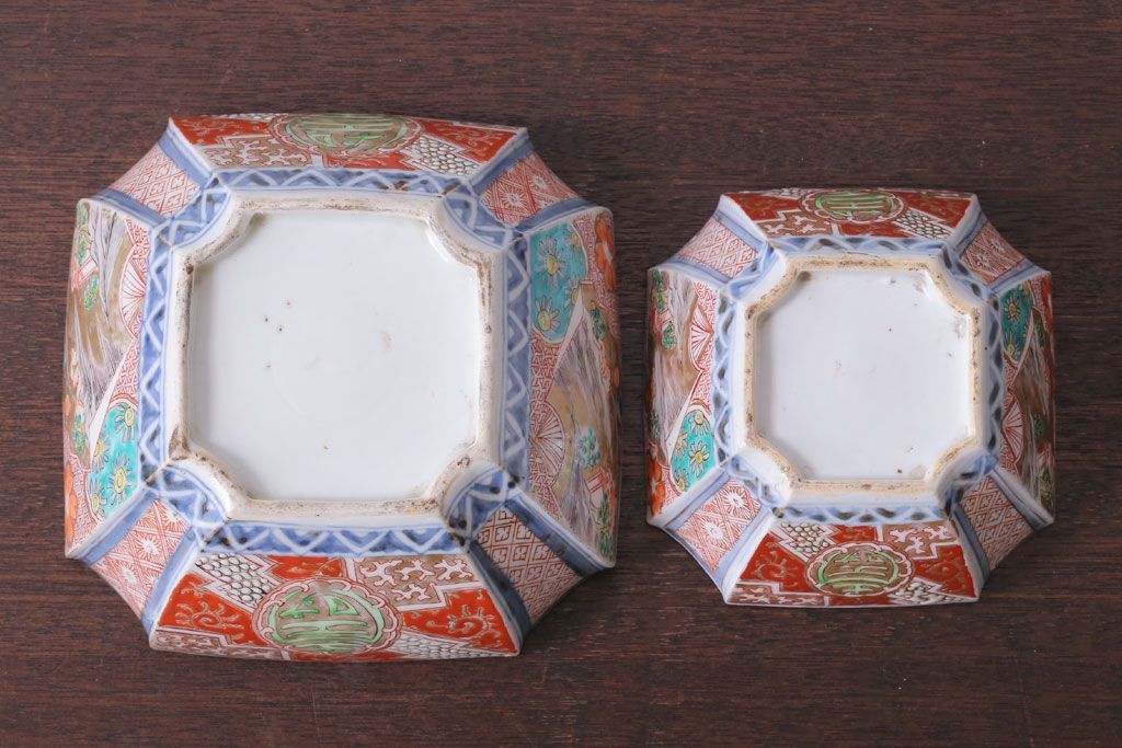 アンティーク雑貨　アンティーク　江戸期　色絵染付八角深鉢2点(伊万里皿)