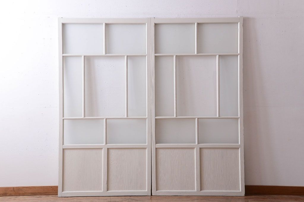 アンティーク　すりガラス入り!ホワイトペイントのガラス引き戸2枚セット