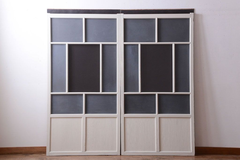 アンティーク　すりガラス入り!ホワイトペイントのガラス引き戸2枚セット