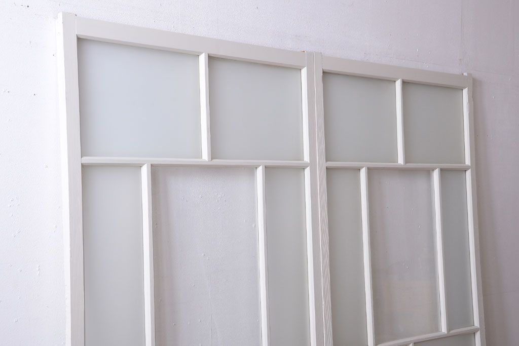 アンティーク　すりガラス入り!ホワイトペイントのガラス引き戸2枚セット