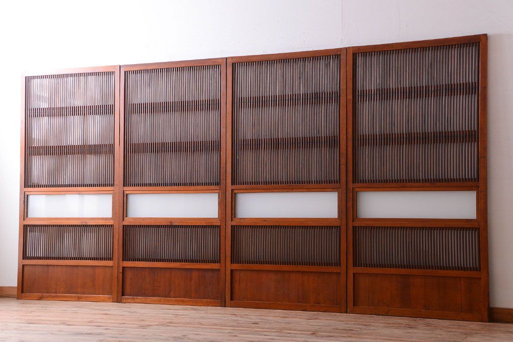 和製アンティーク　裏ガラス入り!すりガラス帯の格子戸4枚セット