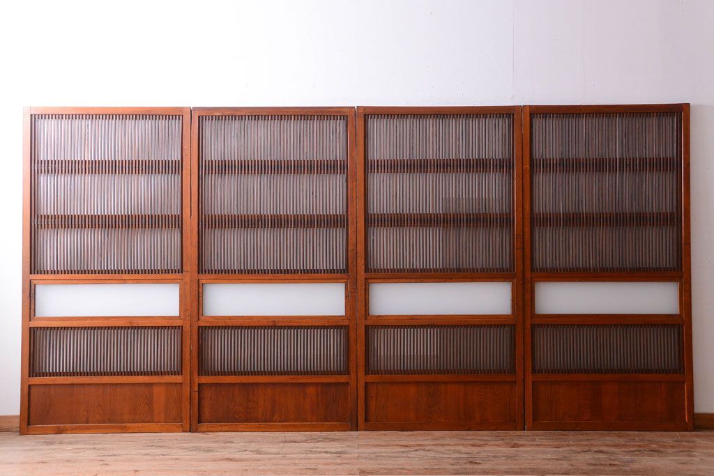 和製アンティーク　裏ガラス入り!すりガラス帯の格子戸4枚セット