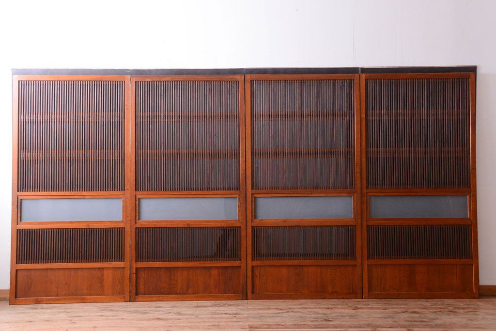 和製アンティーク　裏ガラス入り!すりガラス帯の格子戸4枚セット