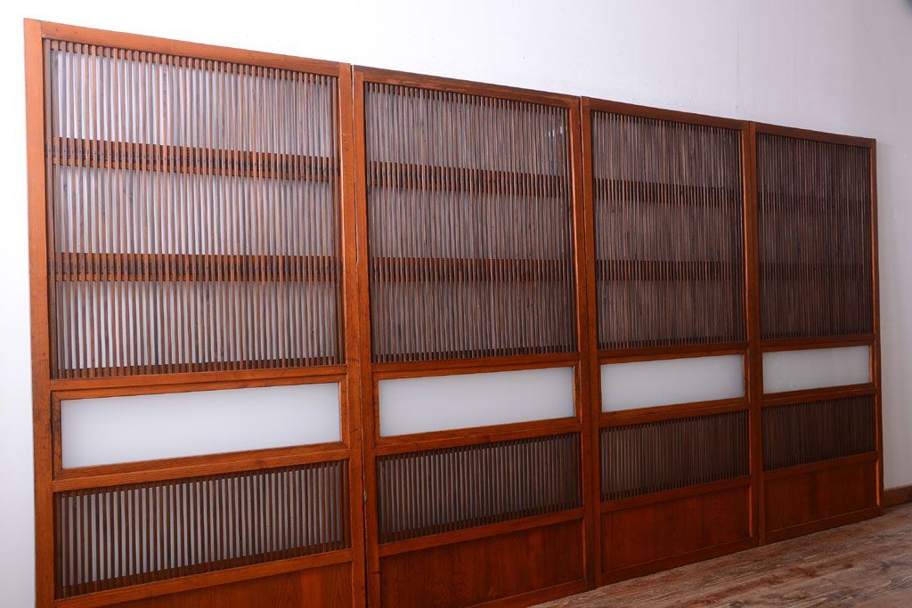 和製アンティーク　裏ガラス入り!すりガラス帯の格子戸4枚セット