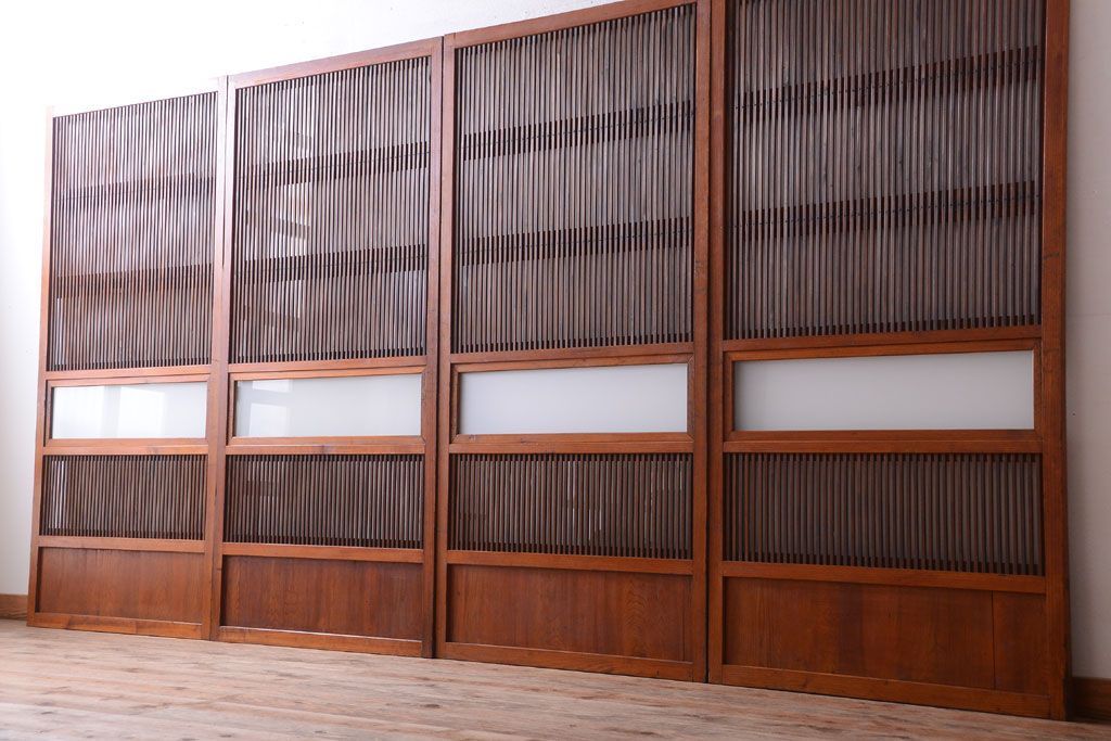 和製アンティーク　裏ガラス入り!すりガラス帯の格子戸4枚セット