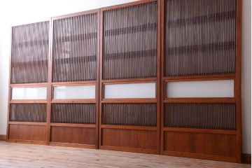 和製アンティーク　裏ガラス入り!すりガラス帯の格子戸4枚セット