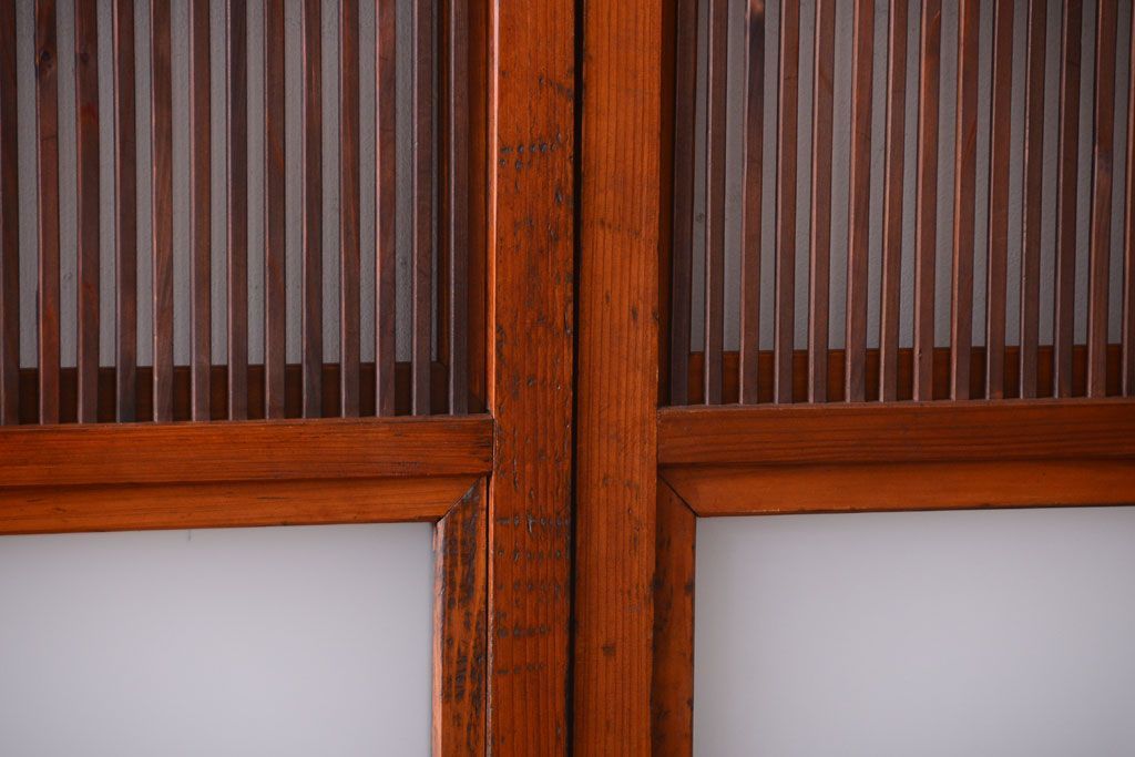 和製アンティーク　裏ガラス入り!すりガラス帯の格子戸4枚セット