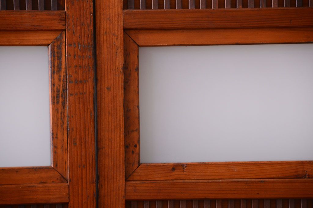 和製アンティーク　裏ガラス入り!すりガラス帯の格子戸4枚セット