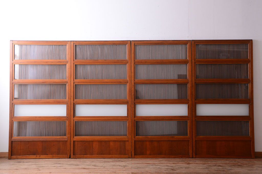 和製アンティーク　裏ガラス入り!すりガラス帯の格子戸4枚セット