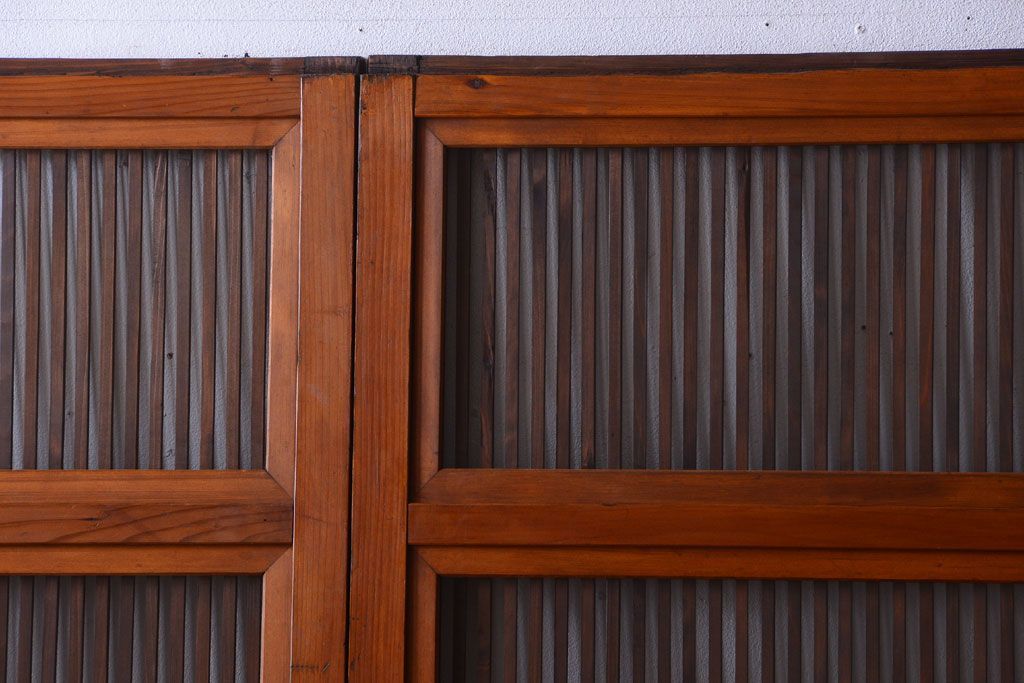 和製アンティーク　裏ガラス入り!すりガラス帯の格子戸4枚セット