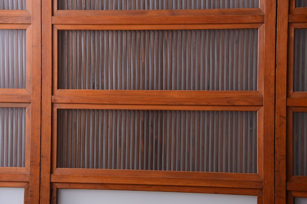 和製アンティーク　裏ガラス入り!すりガラス帯の格子戸4枚セット