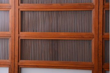 和製アンティーク　裏ガラス入り!すりガラス帯の格子戸4枚セット