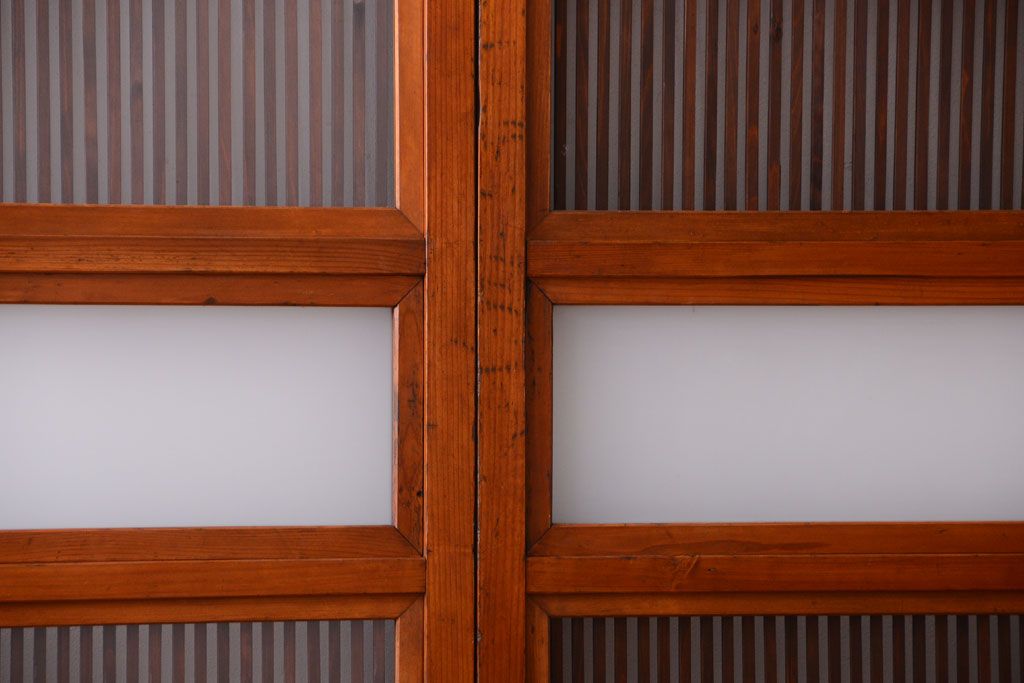 和製アンティーク　裏ガラス入り!すりガラス帯の格子戸4枚セット