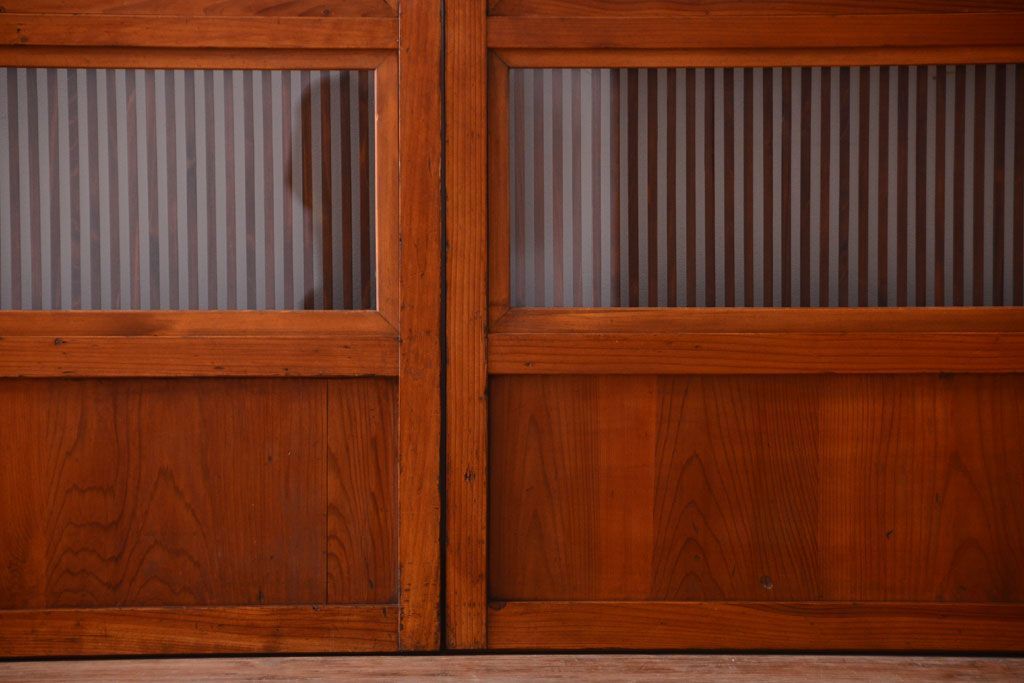 和製アンティーク　裏ガラス入り!すりガラス帯の格子戸4枚セット