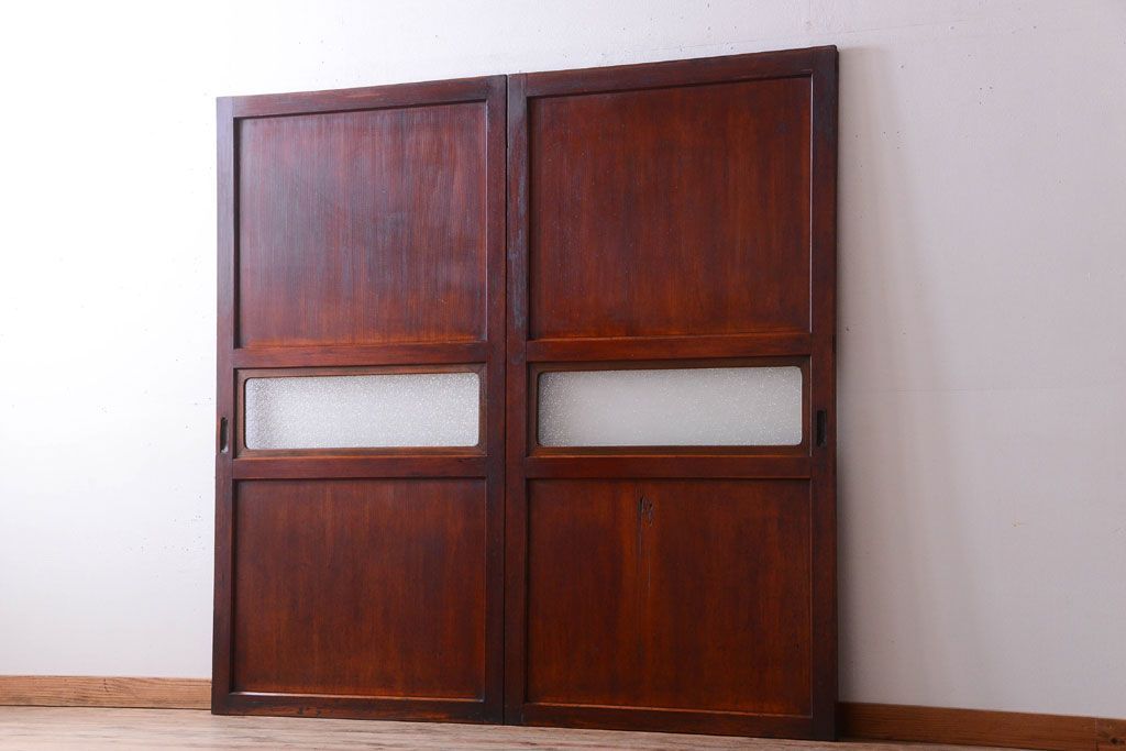 和製アンティーク　古いダイヤガラス帯の引き戸2枚セット(ガラス帯戸)