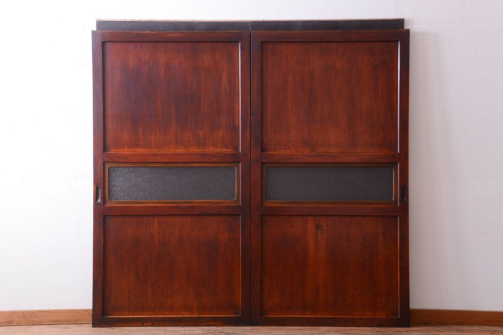 和製アンティーク　古いダイヤガラス帯の引き戸2枚セット(ガラス帯戸)