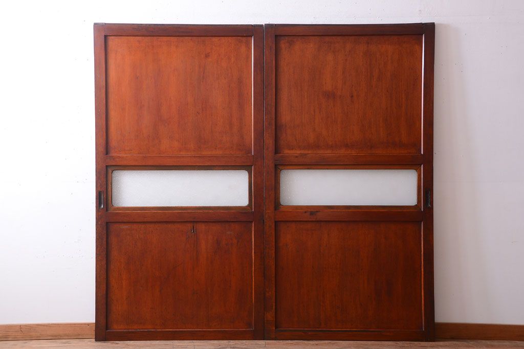 和製アンティーク　古いダイヤガラス帯の引き戸2枚セット(ガラス帯戸)