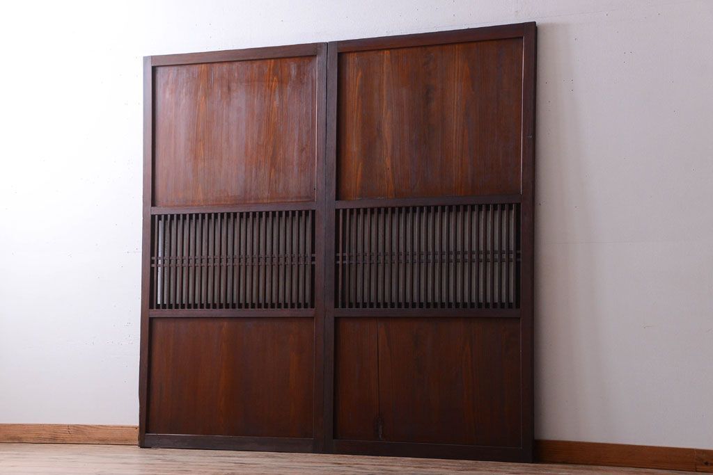 古民具・骨董　裏結霜ガラス入り!古い木の格子ガラス帯戸2枚セット(2)