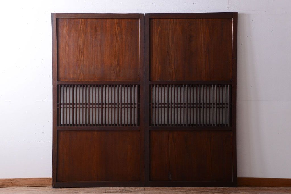 古民具・骨董　裏結霜ガラス入り!古い木の格子ガラス帯戸2枚セット(2)