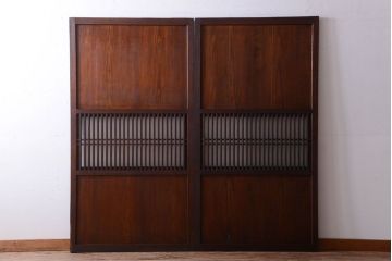 古民具・骨董　裏結霜ガラス入り!古い木の格子ガラス帯戸2枚セット(2)