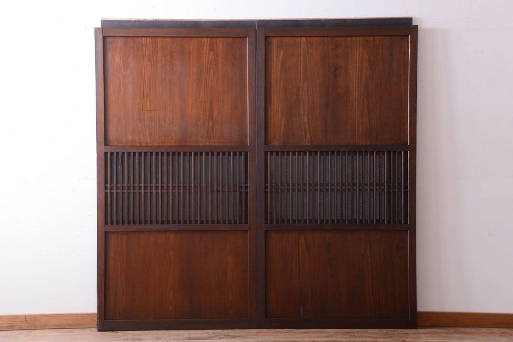 古民具・骨董　裏結霜ガラス入り!古い木の格子ガラス帯戸2枚セット(2)