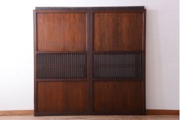 古民具・骨董　裏結霜ガラス入り!古い木の格子ガラス帯戸2枚セット(2)