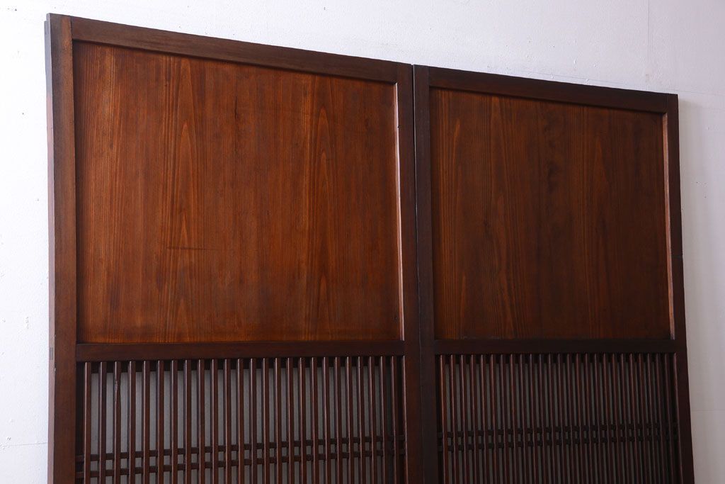 古民具・骨董　裏結霜ガラス入り!古い木の格子ガラス帯戸2枚セット(2)