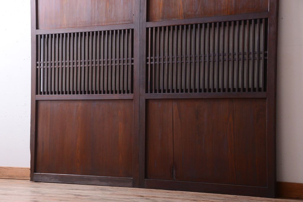 古民具・骨董　裏結霜ガラス入り!古い木の格子ガラス帯戸2枚セット(2)