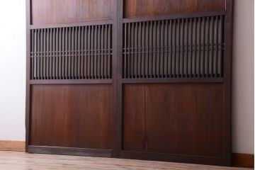 古民具・骨董　裏結霜ガラス入り!古い木の格子ガラス帯戸2枚セット(2)