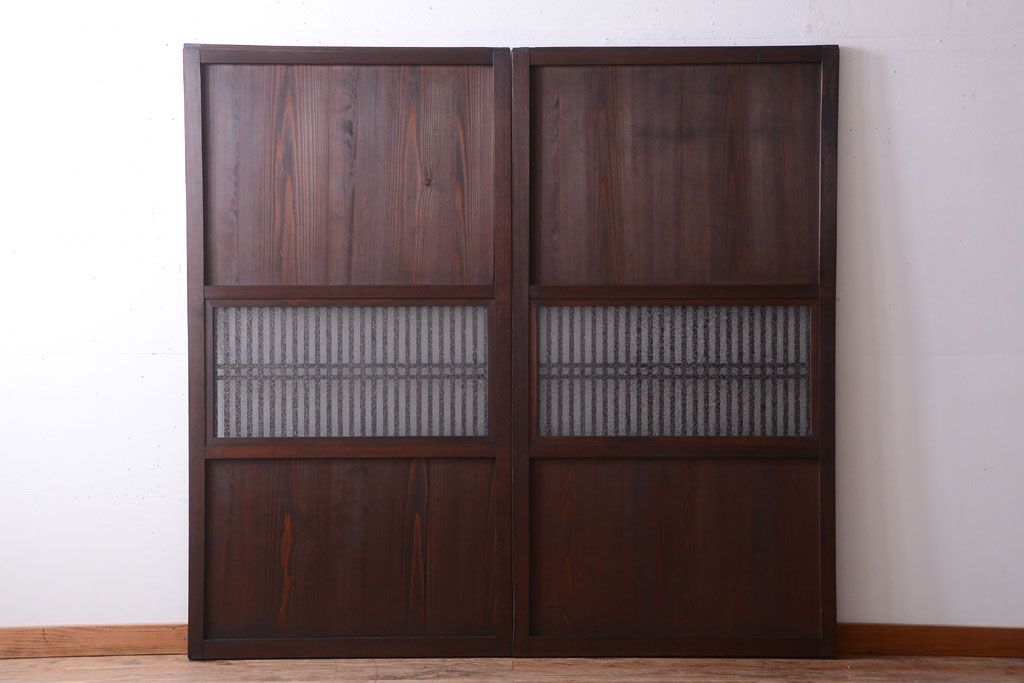 古民具・骨董　裏結霜ガラス入り!古い木の格子ガラス帯戸2枚セット(2)