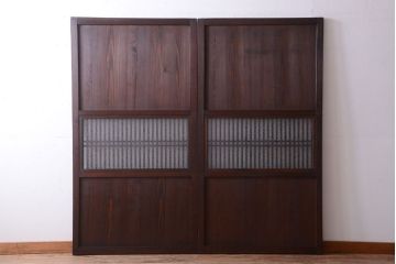 古民具・骨董　裏結霜ガラス入り!古い木の格子ガラス帯戸2枚セット(2)