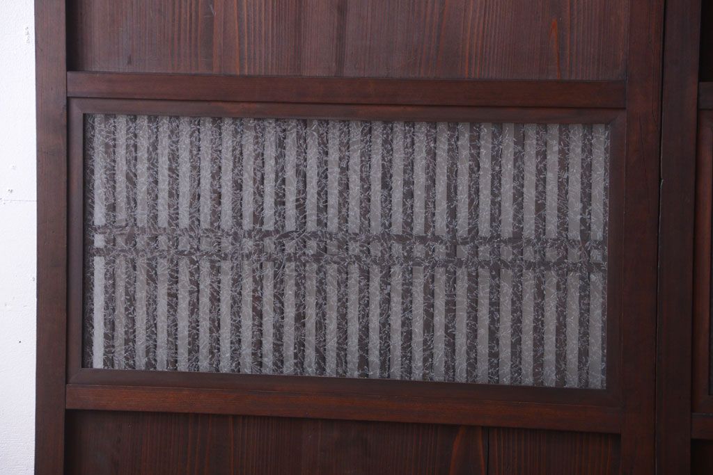 古民具・骨董　裏結霜ガラス入り!古い木の格子ガラス帯戸2枚セット(2)