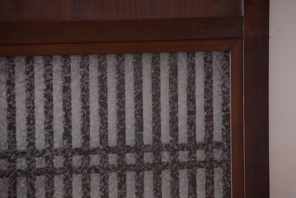 古民具・骨董　裏結霜ガラス入り!古い木の格子ガラス帯戸2枚セット(2)