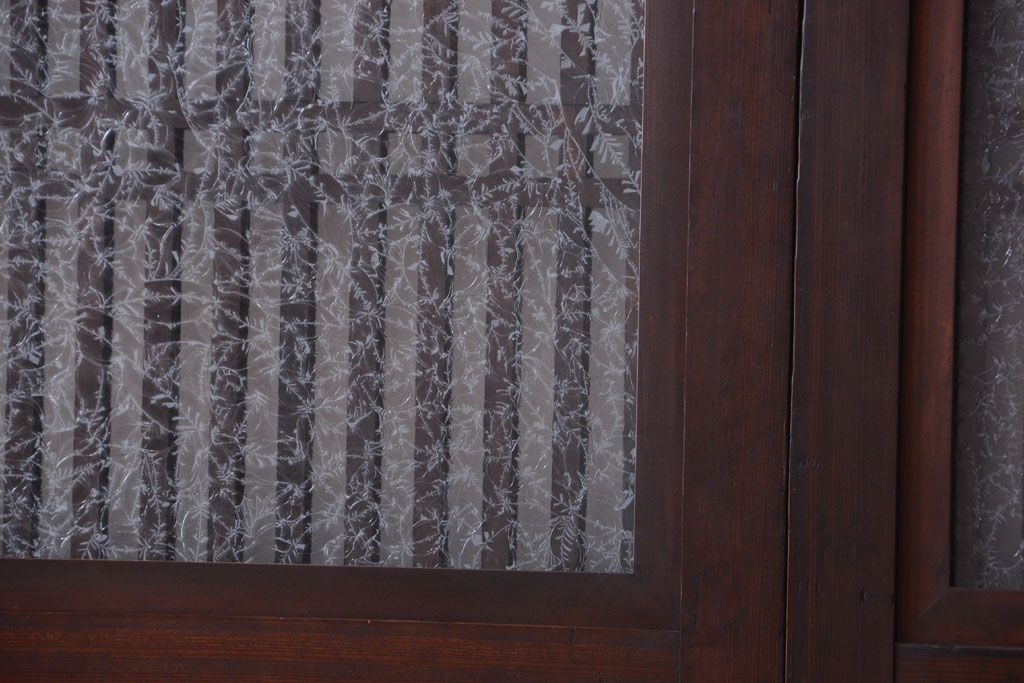 古民具・骨董　裏結霜ガラス入り!古い木の格子ガラス帯戸2枚セット(2)