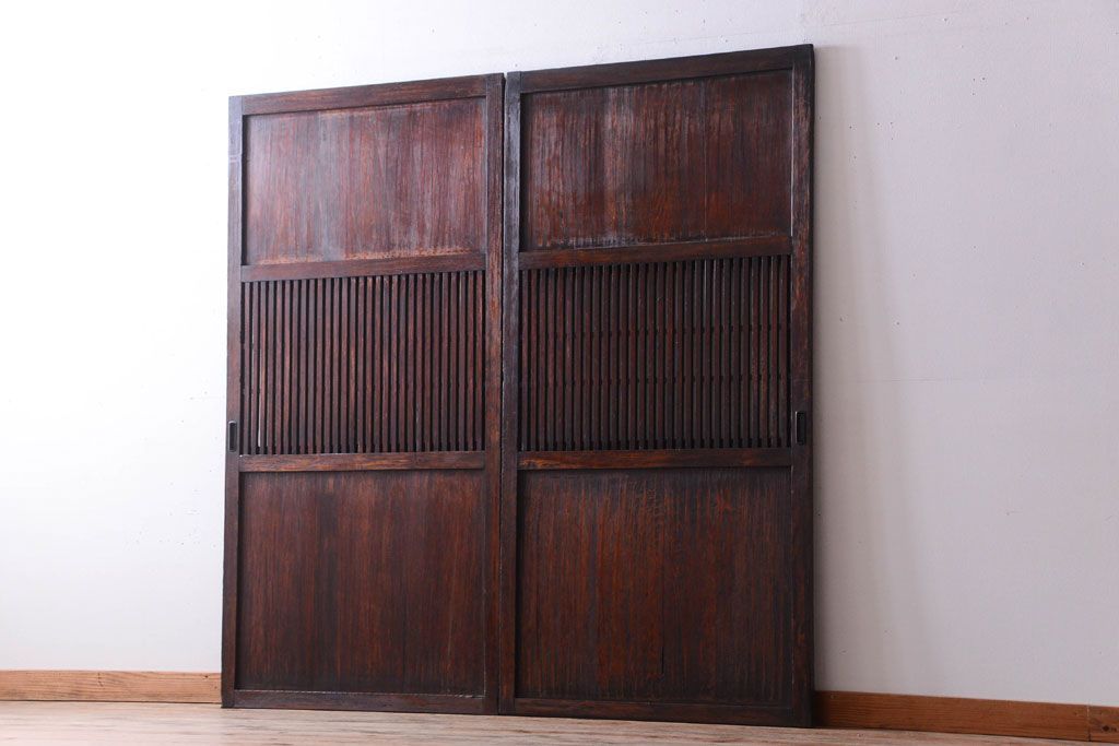 古民具・骨董　裏結霜ガラス入り!古い木の格子ガラス帯戸2枚セット(3)